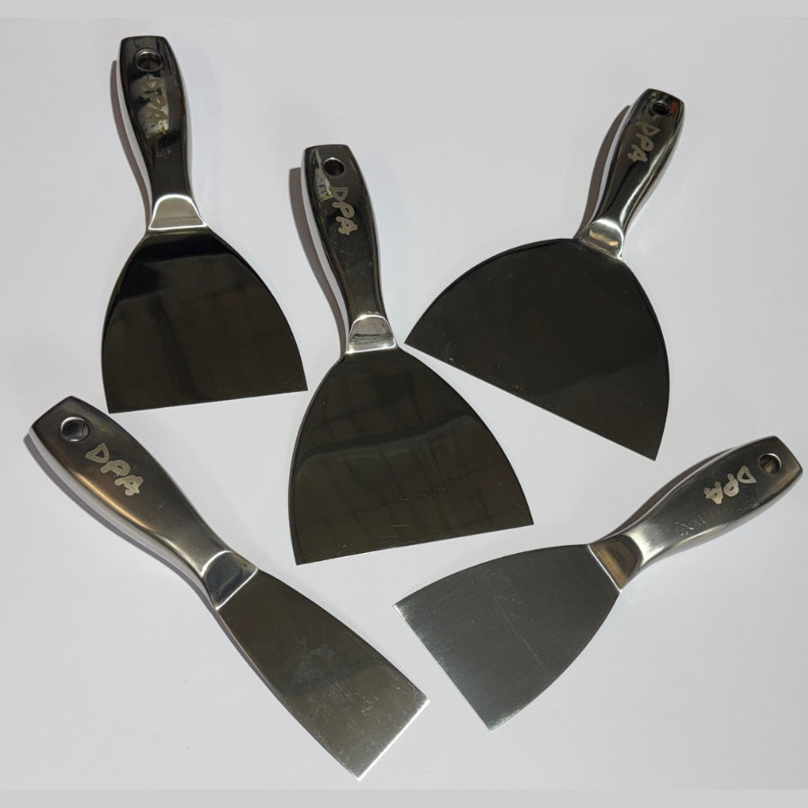 Set of five  plastering knives with stainless steel handles on a white background, labeled 'Stainless 2,3,4,5,6'.