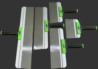 DPA Tools stainless steel trailing knife paddles for Level 5 drywall finishing, sizes 200-600mm
