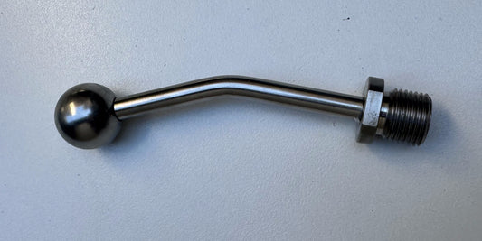 A curved stainless steel pipe fitting with a spherical ball end and a threaded male connector, shown on a plain light background.