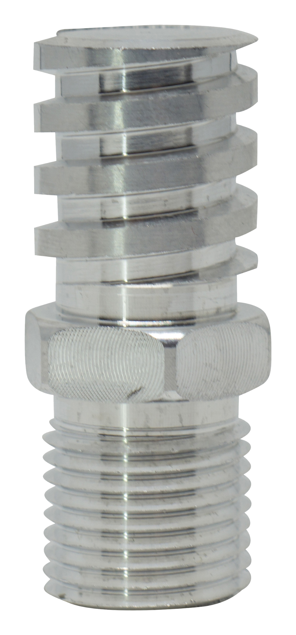 A metallic silver threaded adapter fitting with a tapered female thread on one end and a hex nut on the other, isolated on a white background.