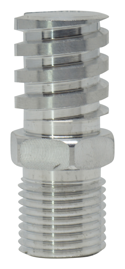 A metallic silver threaded adapter fitting with a tapered female thread on one end and a hex nut on the other, isolated on a white background.